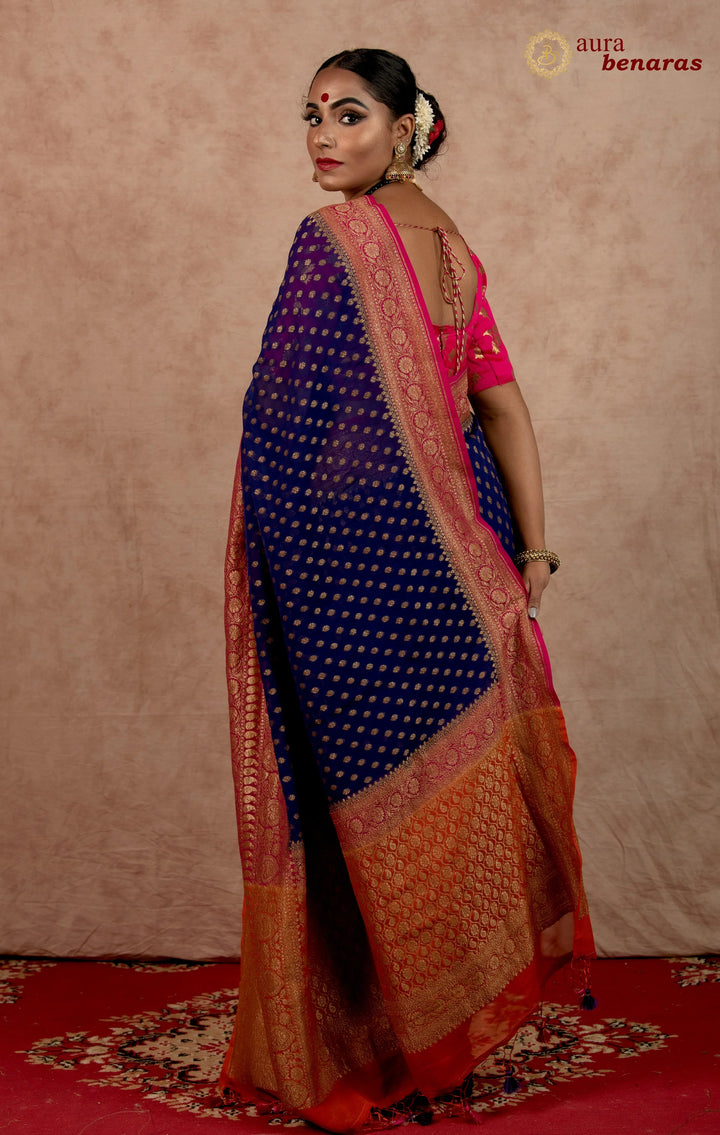 Royal Blue Broad Border Banarasi Handloom Pure Khaddi Georgette Silk Saree - Aura Benaras