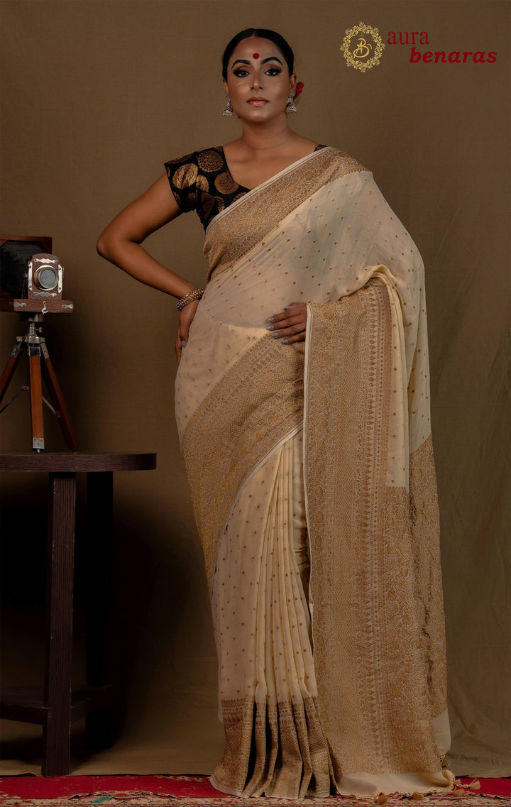 Beige Banarasi Handloom Pure Khaddi Georgette Silk Saree - Aura Benaras