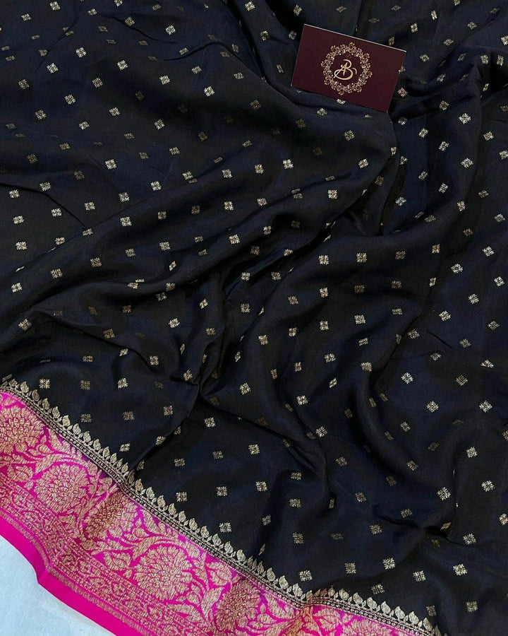 Black Pure Banarasi Khaddi Crepe Silk Saree - Aura Benaras