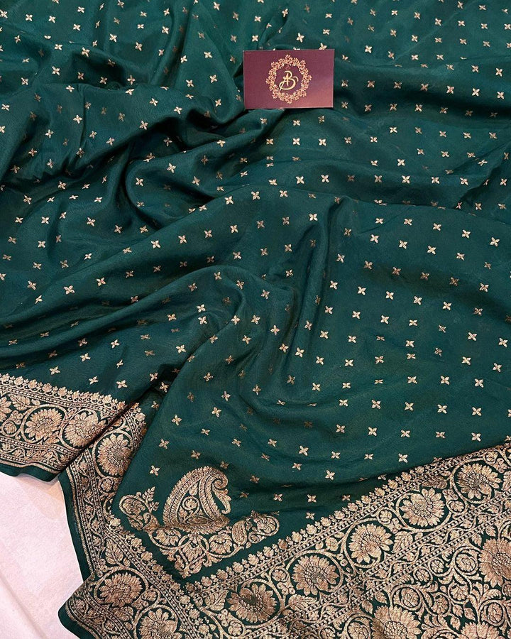 Bottle green Pure Banarasi Khaddi Crepe Silk Saree - Aura Benaras