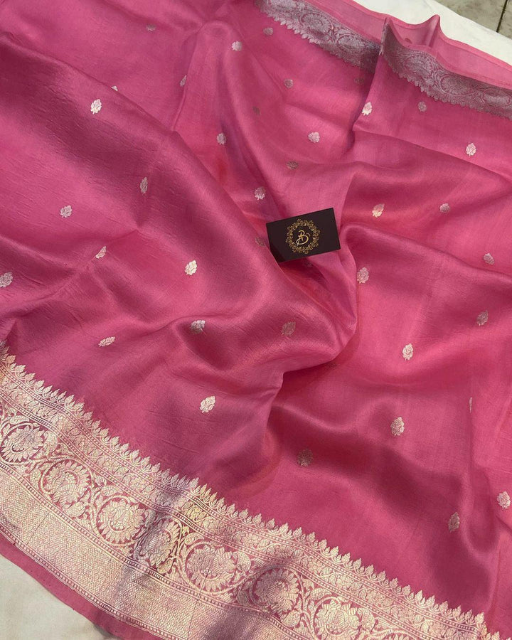 Onion Banarasi Handloom Kora Silk Saree - Aura Benaras