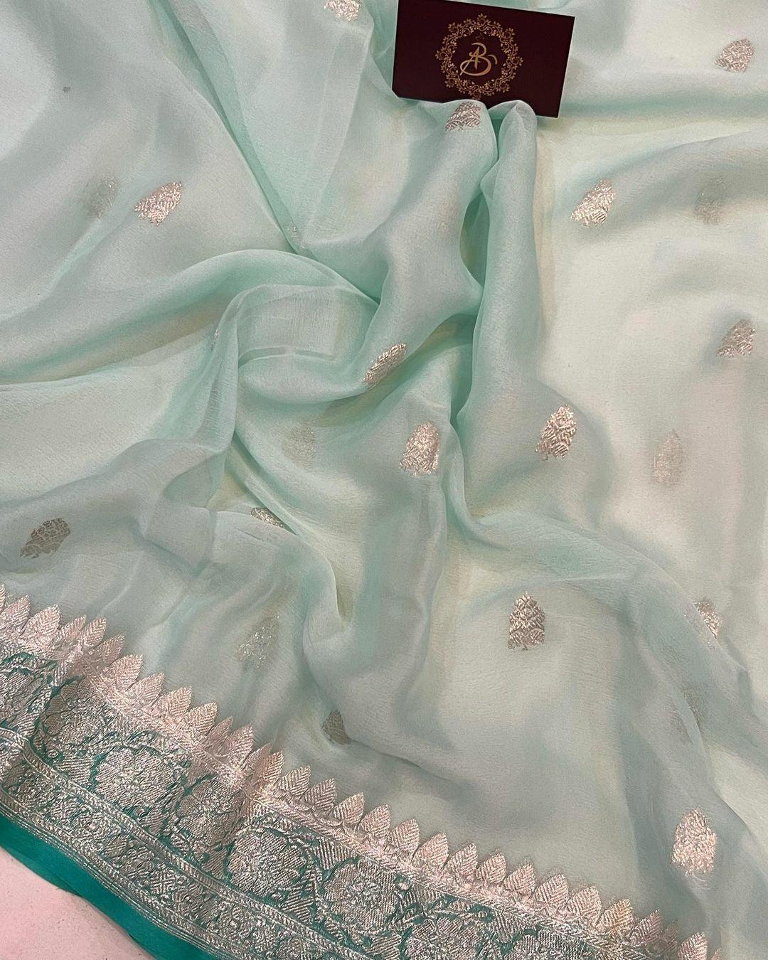 Mint Green Khaddi Chiffon Banarasi Handloom Saree - Aura Benaras