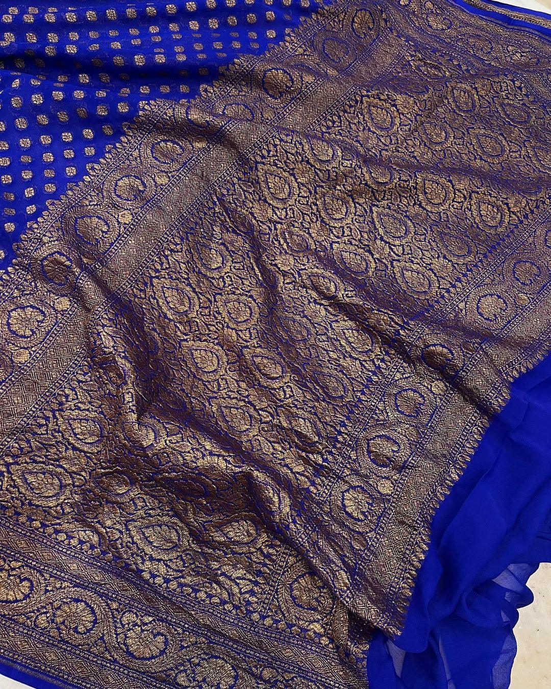 Royal Blue Pure Banarasi Khaddi Georgette Saree - Aura Benaras