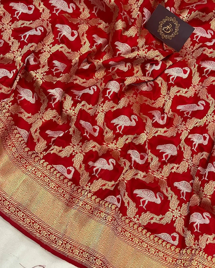 Red Kadwa Jaal Pure Banarasi Handloom Katan Silk Saree - Aura Benaras