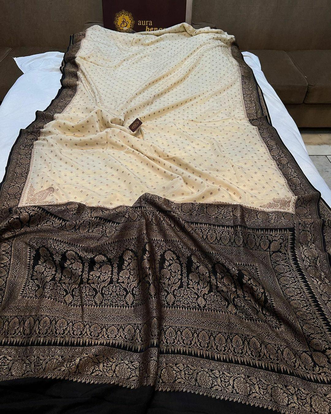 Cream Pure Banarasi Khaddi Crepe Silk Saree - Aura Benaras