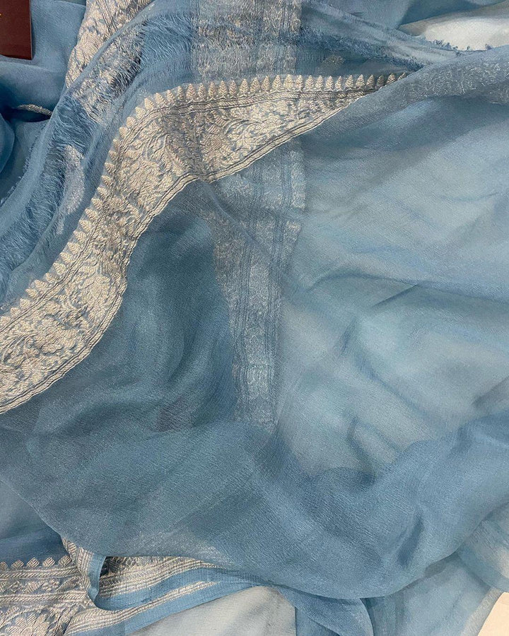 AirForce Blue Khaddi Chiffon Banarasi Handloom Saree - Aura Benaras