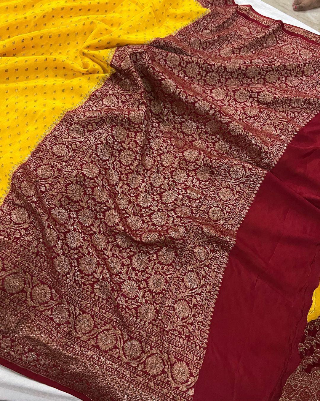 Yellow Pure Banarasi Khaddi Crepe Silk Saree - Aura Benaras