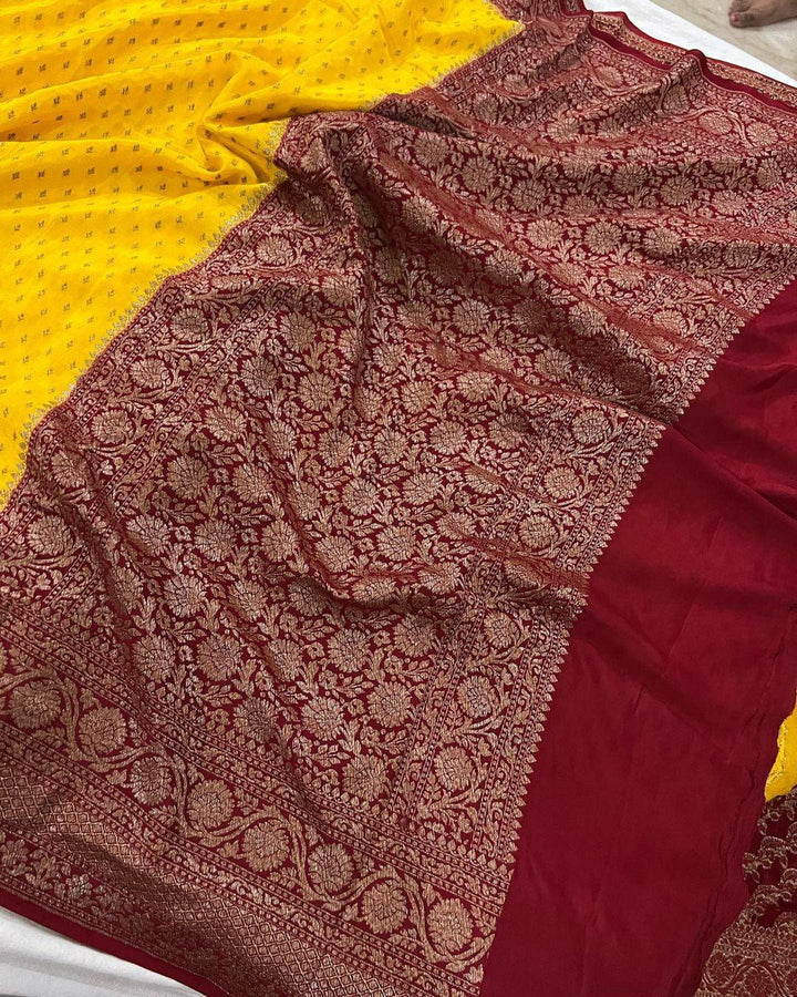 Yellow Pure Banarasi Khaddi Crepe Silk Saree - Aura Benaras