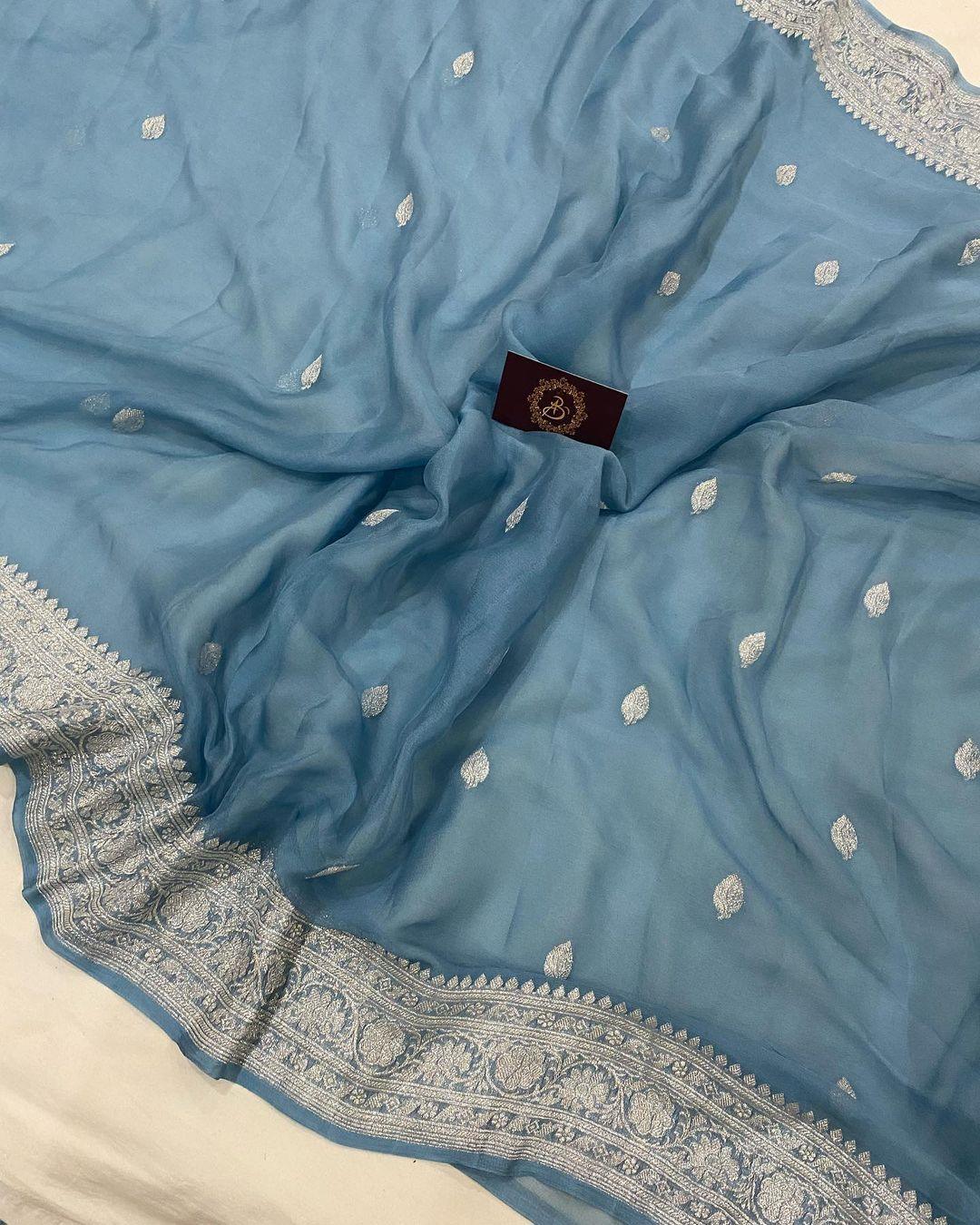 AirForce Blue Khaddi Chiffon Banarasi Handloom Saree - Aura Benaras