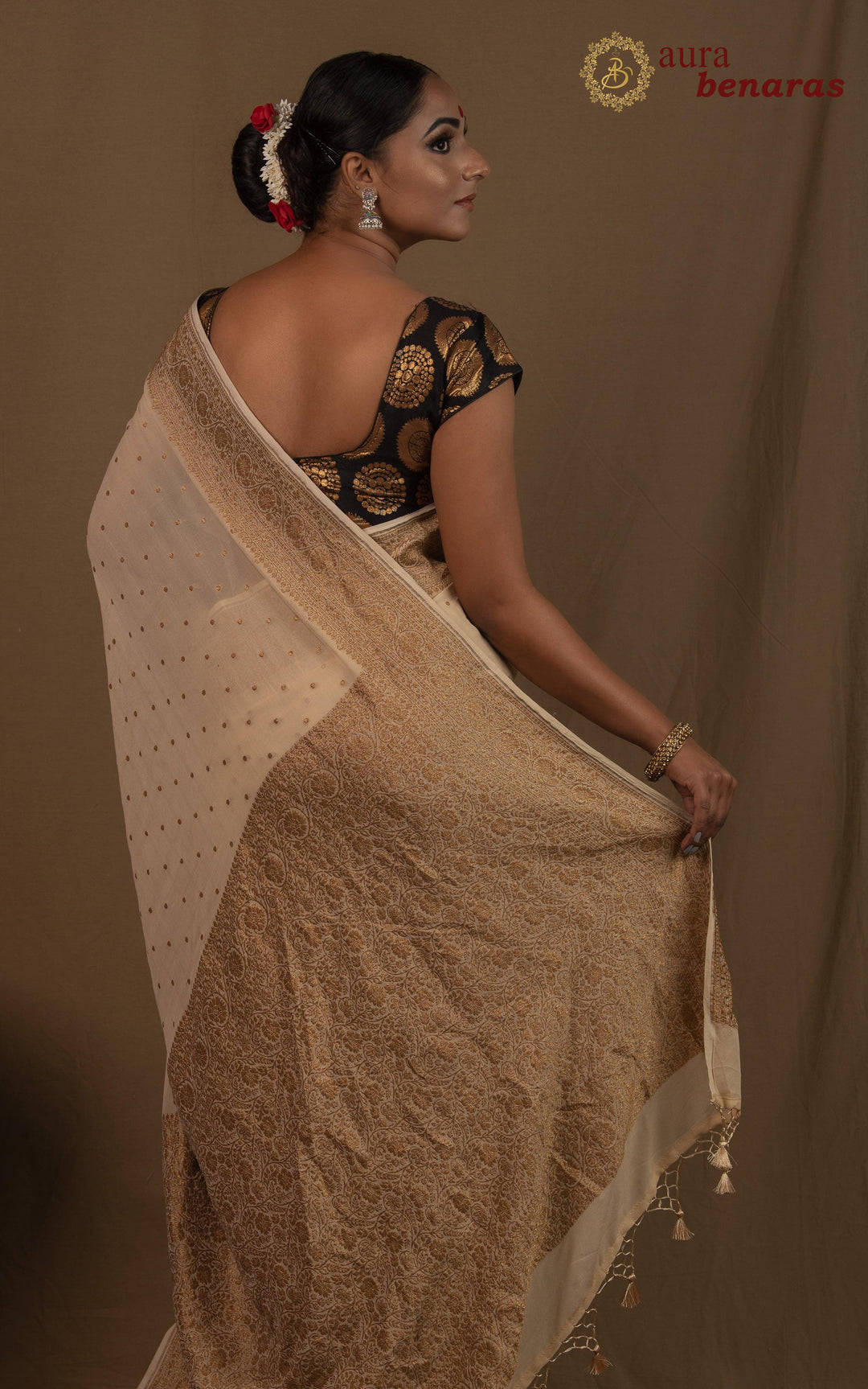 Beige Banarasi Handloom Pure Khaddi Georgette Silk Saree - Aura Benaras