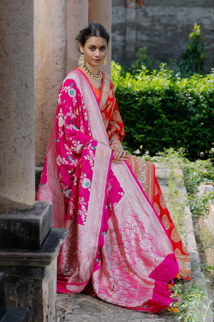 Pink Pure Banarasi Khaddi Georgette Dupatta - Aura Benaras