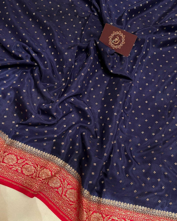 Navy Blue Pure Banarasi Khaddi Crepe Silk Saree - Aura Benaras