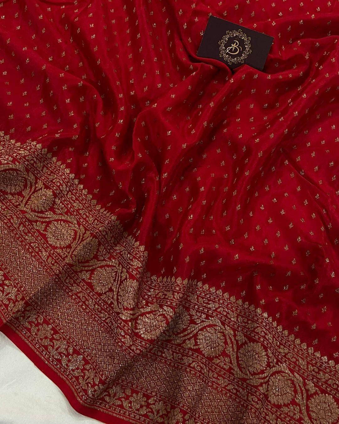 Red Pure Banarasi Khaddi Crepe Silk Saree - Aura Benaras