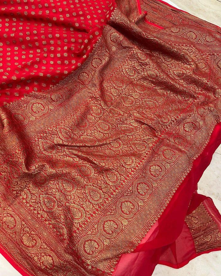 Red Pure Banarasi Khaddi Georgette Saree - Aura Benaras