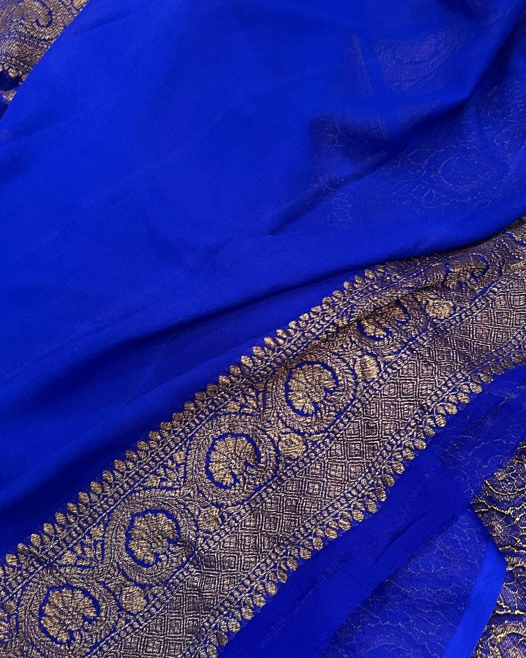 Royal Blue Pure Banarasi Khaddi Georgette Saree - Aura Benaras