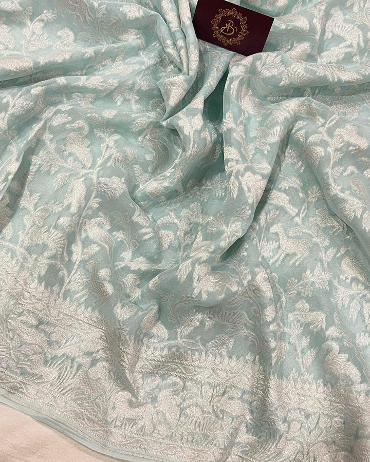 Pale Blue Pure Khaddi Georgette Handloom Banarasi Saree
