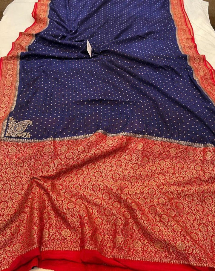 Navy Blue Pure Banarasi Khaddi Crepe Silk Saree - Aura Benaras
