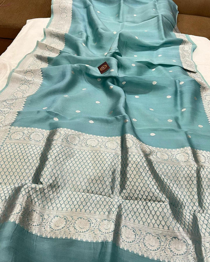 Greyish Green Banarasi Handloom Kora Silk Saree - Aura Benaras