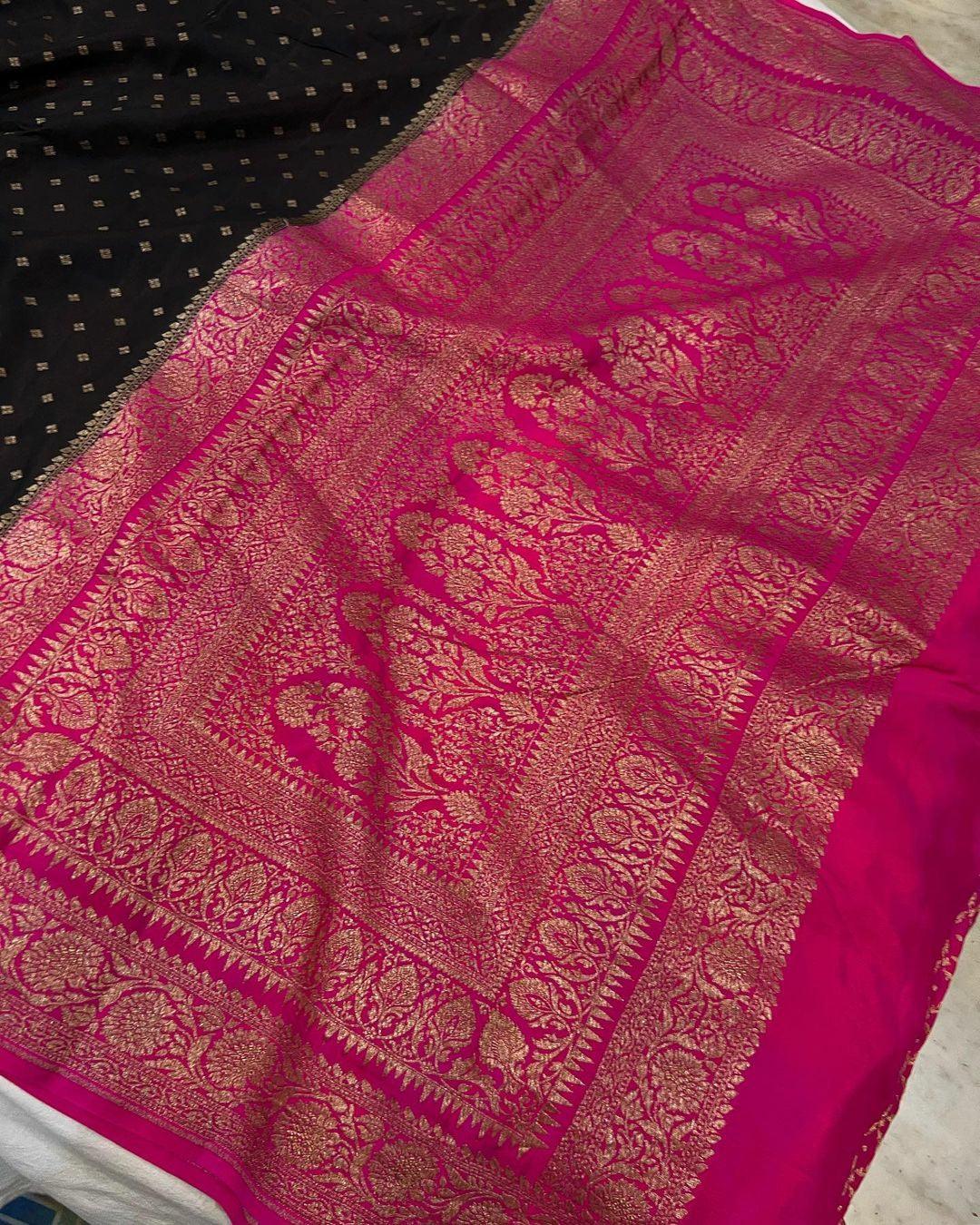 Black Pure Banarasi Khaddi Crepe Silk Saree - Aura Benaras