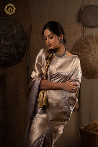 Grey Jaal Pure Banarasi Handlloom Katan Silk Saree - Aura Benaras