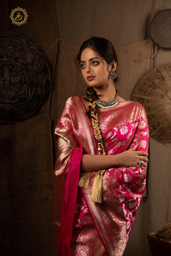 Hot Pink Jaal Pure Banarasi Handlloom Katan Silk Saree - Aura Benaras