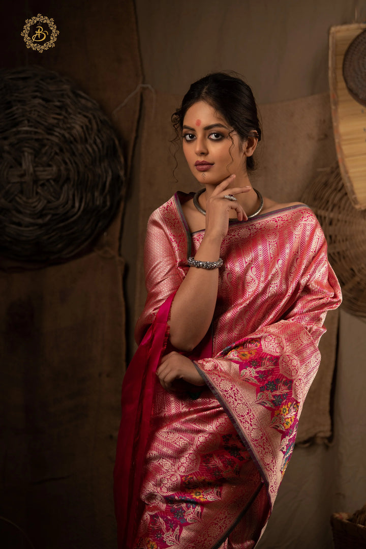 Rani Pink Banarasi Handloom Pure Katan Silk Saree - Aura Benaras