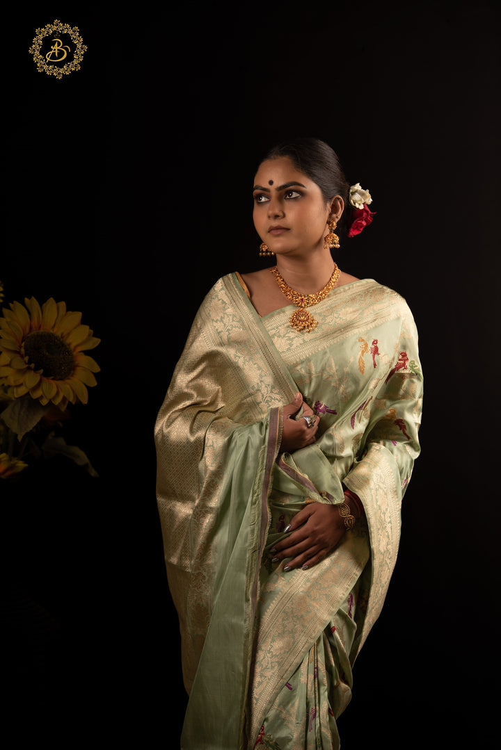 Pista Green Jaal Pure Banarasi Handloom Katan Silk Saree - Aura Benaras