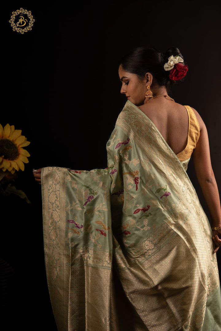 Pista Green Jaal Pure Banarasi Handloom Katan Silk Saree - Aura Benaras