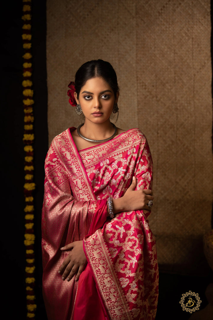Rani Pink Kadwa Jaal Pure Banarasi Handloom Katan Silk Saree - Aura Benaras