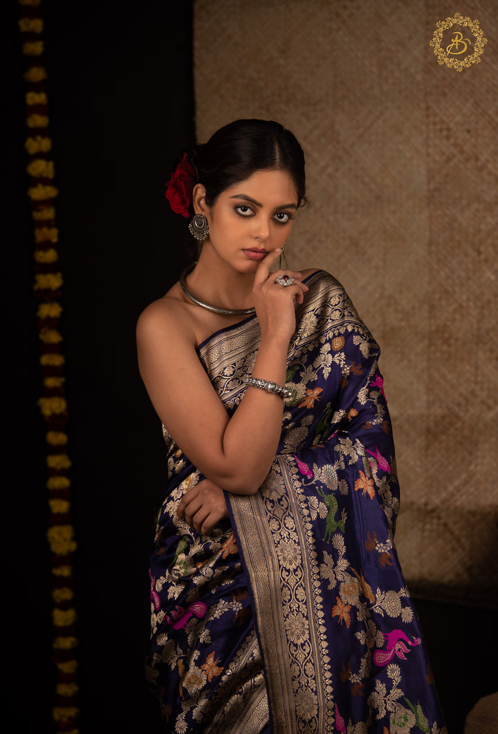 Navy Blue Jaal Pure Banarasi Handloom Katan Silk Saree - Aura Benaras