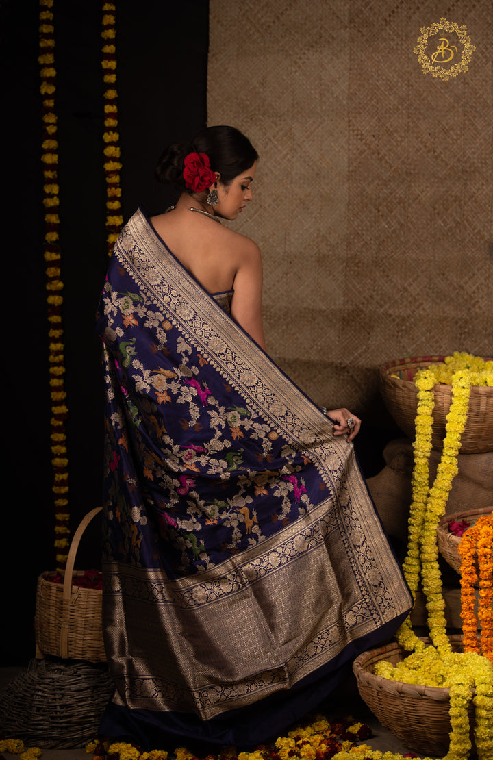 Navy Blue Jaal Pure Banarasi Handloom Katan Silk Saree - Aura Benaras