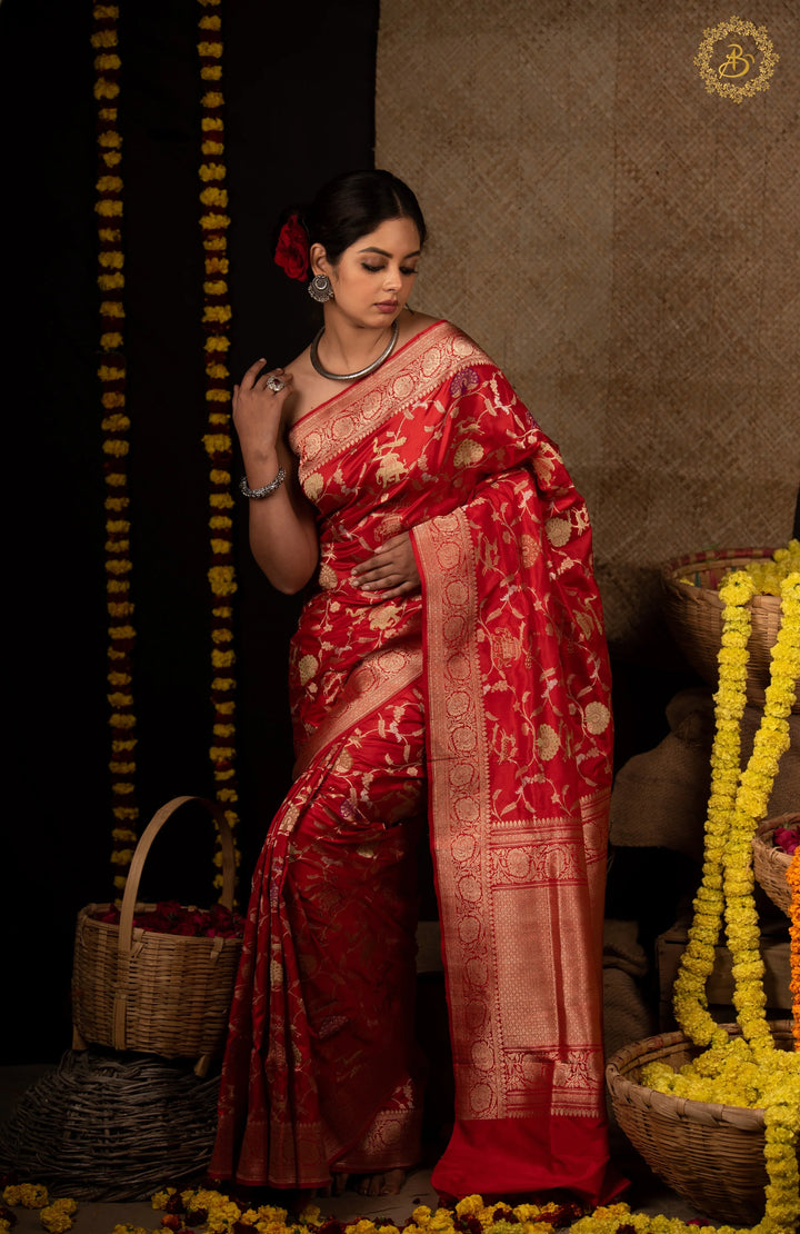Red Jaal Pure Banarasi Handloom Katan Silk Saree - Aura Benaras