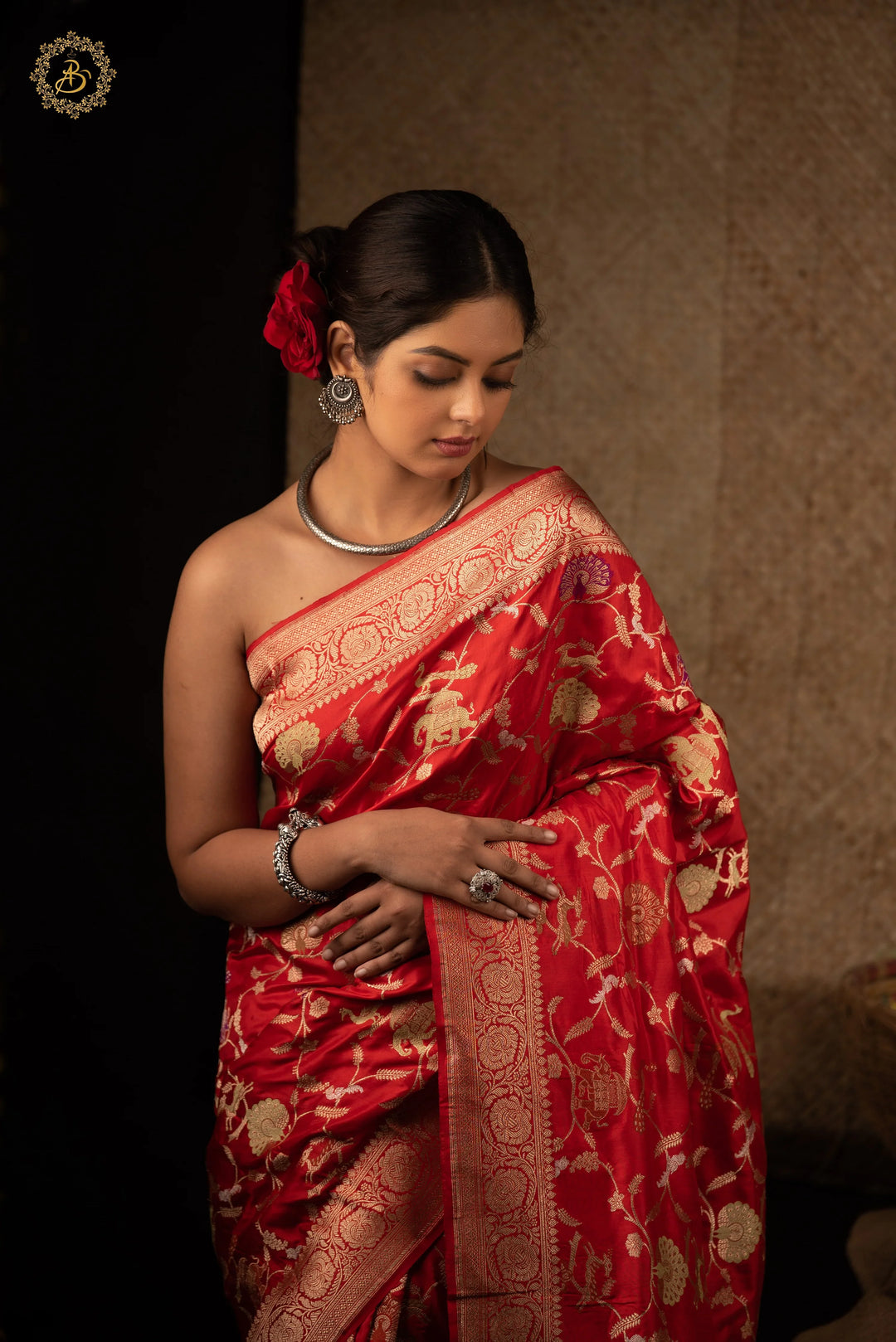 Red Jaal Pure Banarasi Handloom Katan Silk Saree - Aura Benaras