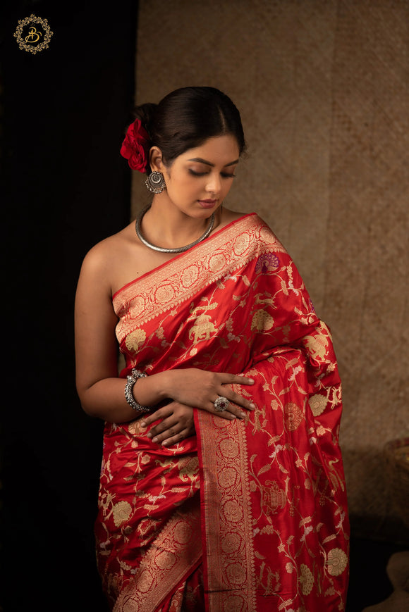 Red Jaal Pure Banarasi Handloom Katan Silk Saree - Aura Benaras