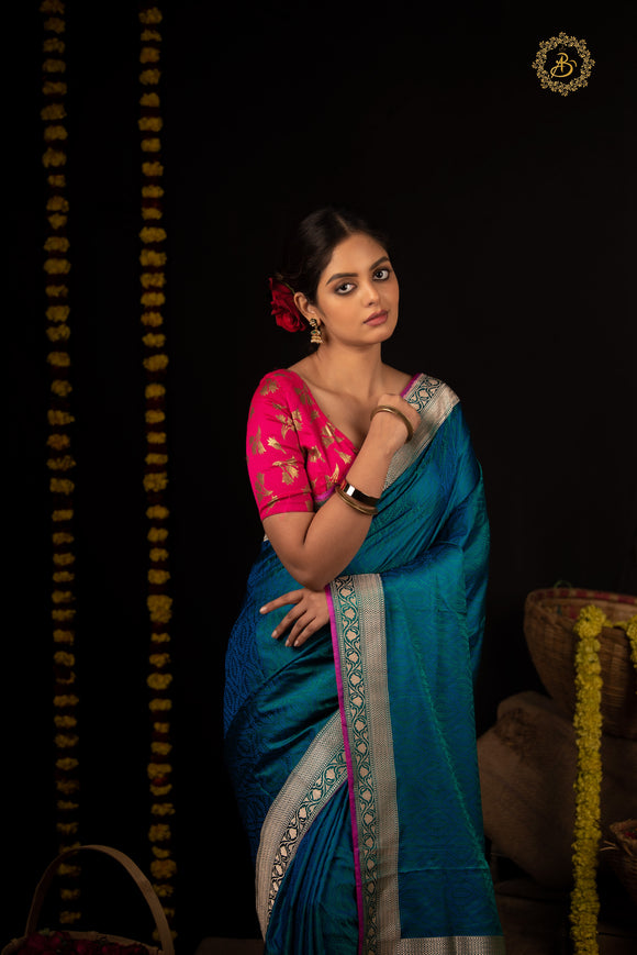 Tvis and Bliss. Peacock Blue and Pink Double Border Pure Kanchi Soft Silk  Saree