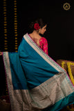 Peacock Blue Pure Banarasi Handloom Katan Satin Silk Saree - Aura Benaras