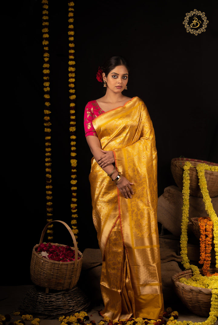 Yellow Banarasi Handloom Katan Silk Saree - Aura Benaras