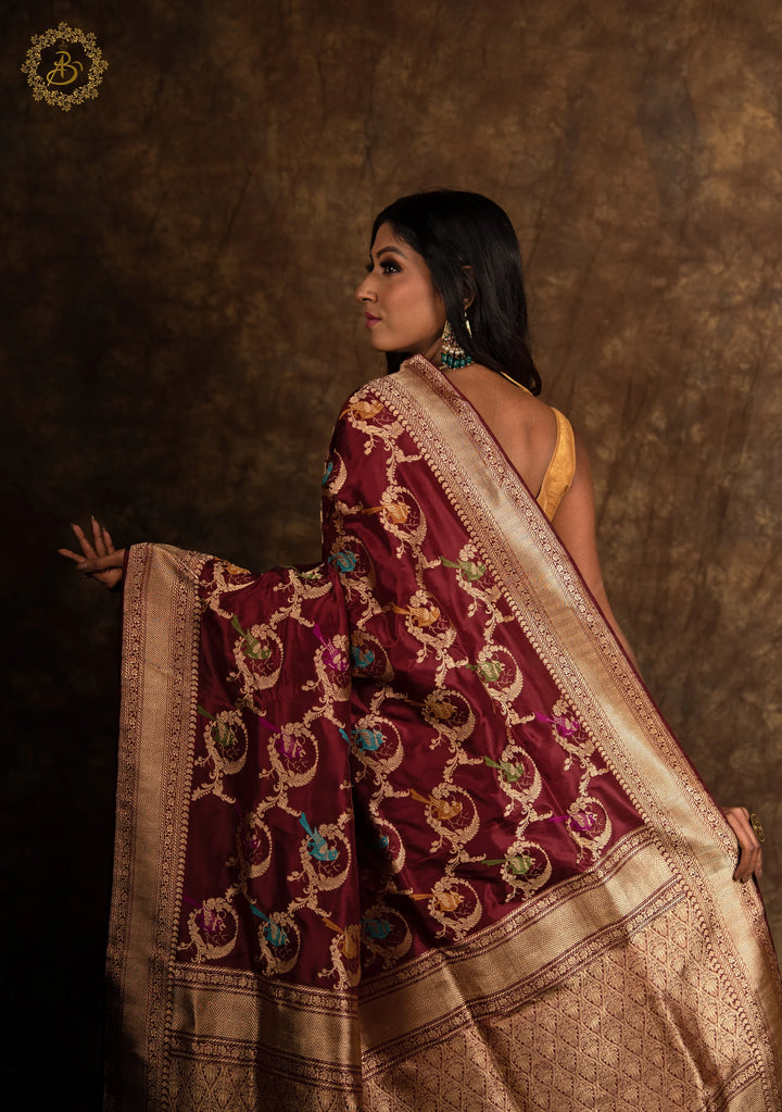 Deep Maroon Kadwa Jaal Pure Banarasi Handloom Katan Silk Saree - Aura Benaras