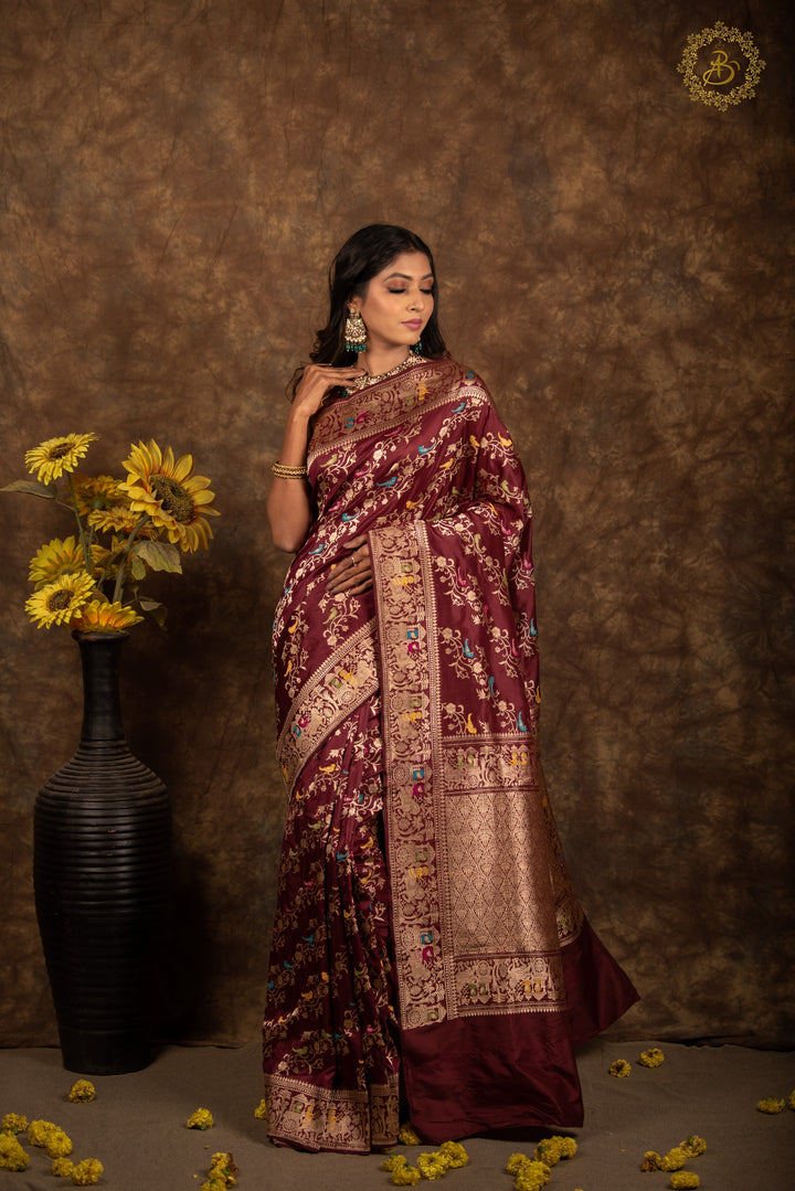 Deep Maroon Kadwa Jaal Pure Banarasi Handloom Katan Silk Saree - Aura Benaras