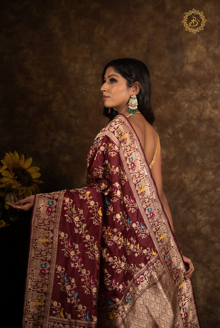 Deep Maroon Kadwa Jaal Pure Banarasi Handloom Katan Silk Saree - Aura Benaras