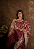 Deep Maroon Kadwa Jaal Pure Banarasi Handloom Katan Silk Saree - Aura Benaras