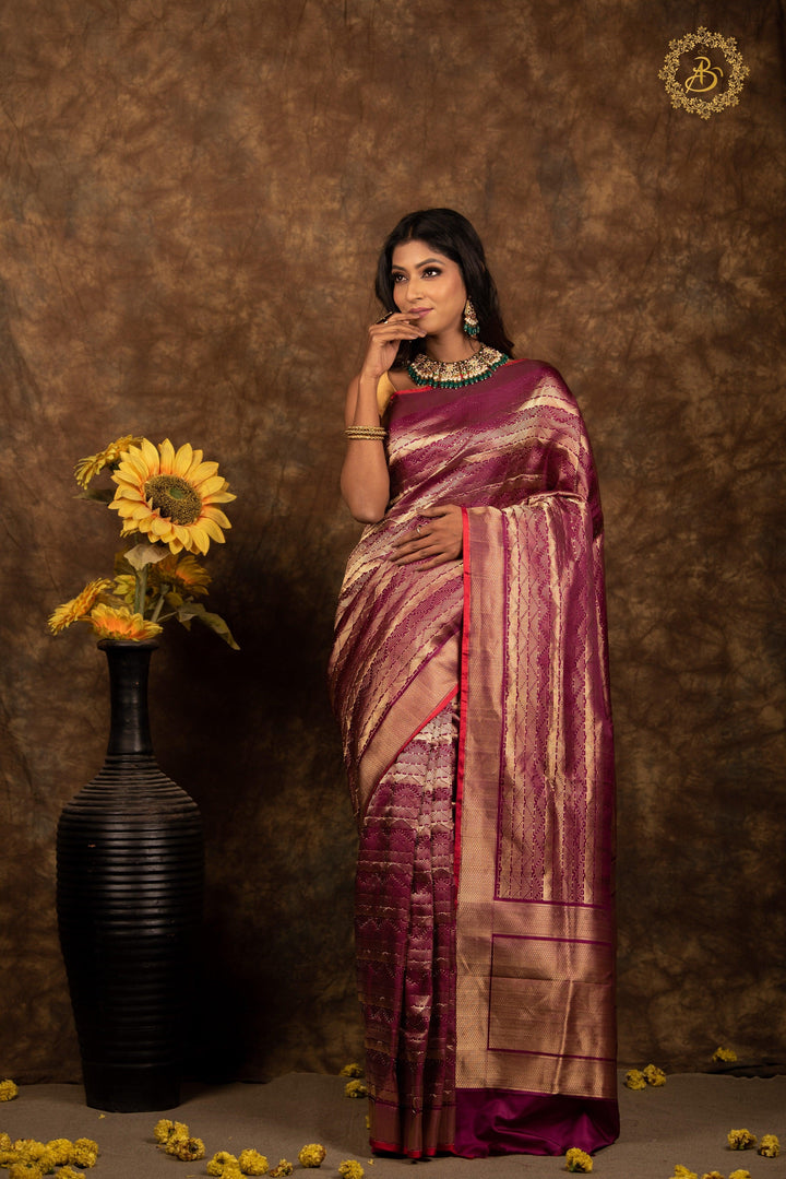 Wine Pure Banarasi Handloom Katan Silk Saree - Aura Benaras