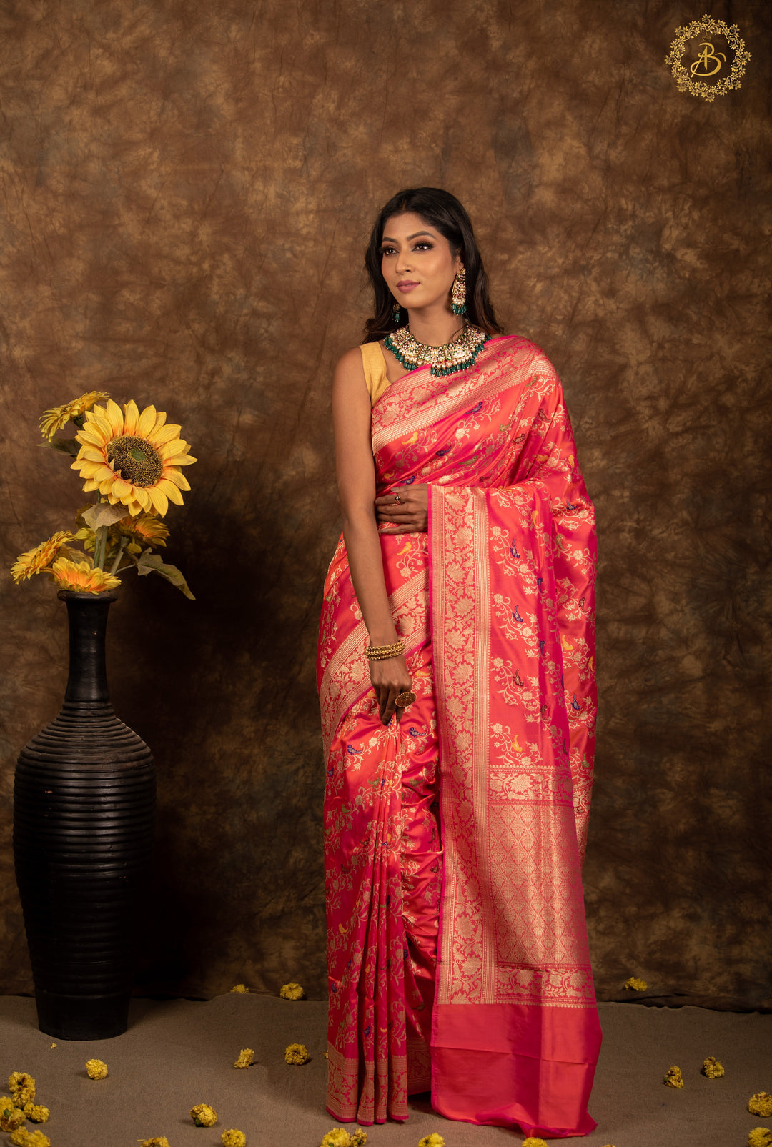 Orangish Pink Jaal Pure Banarasi Handlloom Katan Silk Saree - Aura Benaras