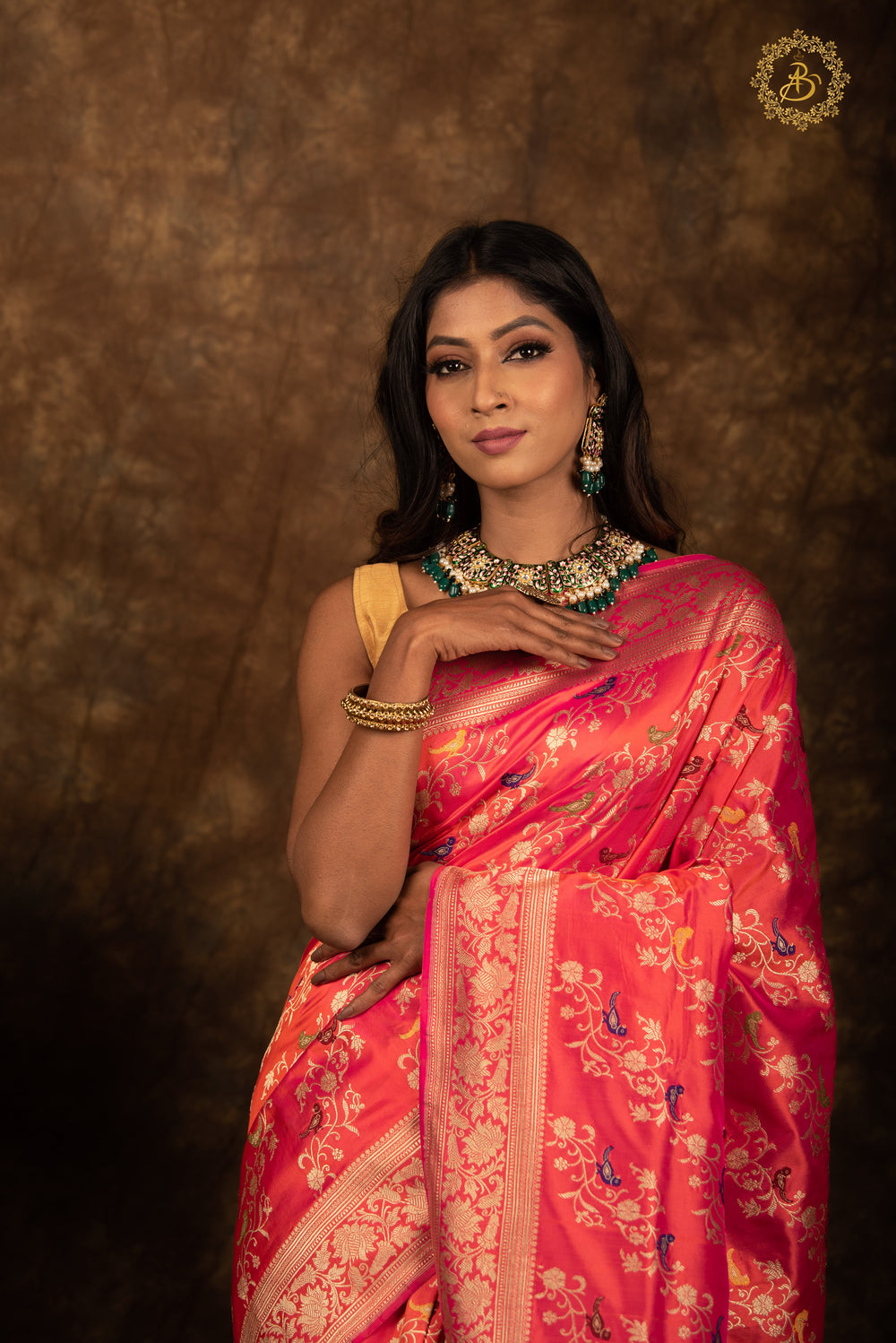 Orangish Pink Jaal Pure Banarasi Handlloom Katan Silk Saree - Aura Benaras