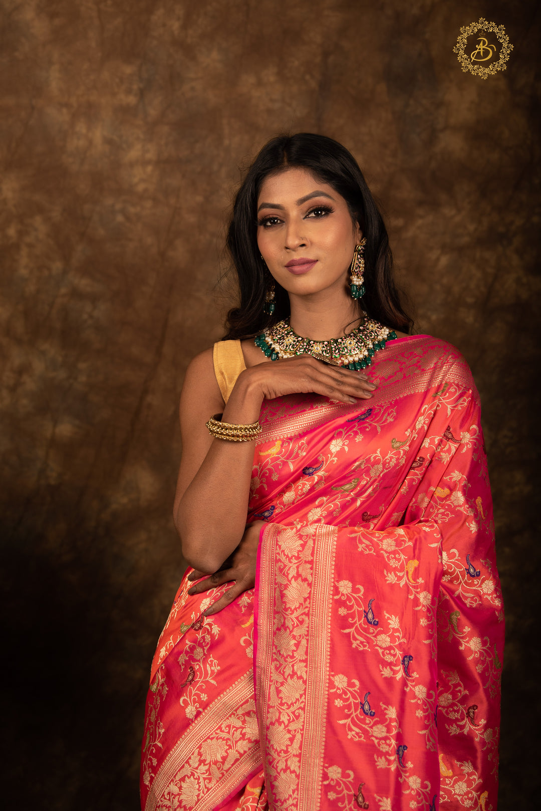 Orangish Pink Jaal Pure Banarasi Handlloom Katan Silk Saree - Aura Benaras