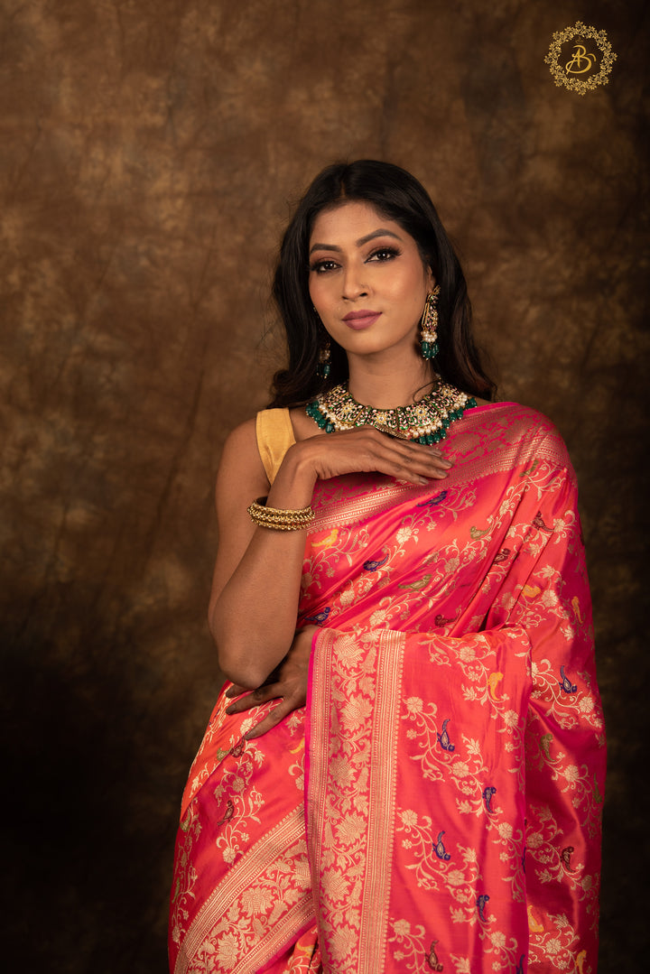 Orangish Pink Jaal Pure Banarasi Handlloom Katan Silk Saree - Aura Benaras