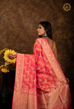 Orangish Pink Jaal Pure Banarasi Handlloom Katan Silk Saree - Aura Benaras