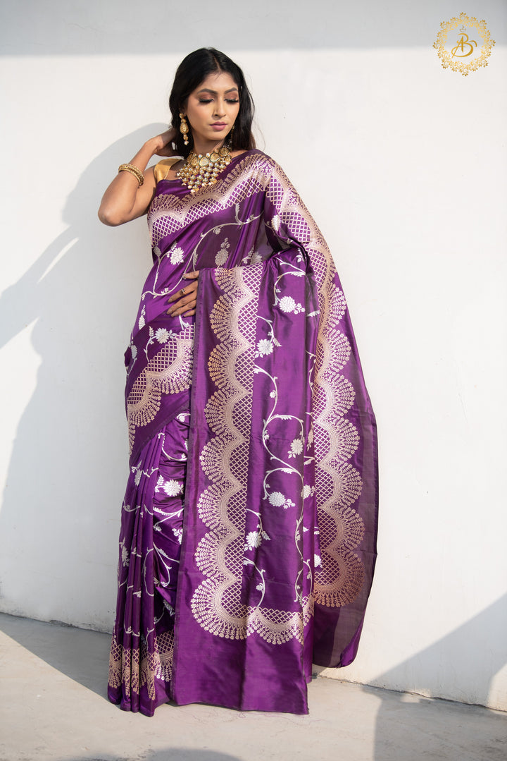 Purple Jaal Pure Banarasi Handloom Katan Silk Saree - Aura Benaras