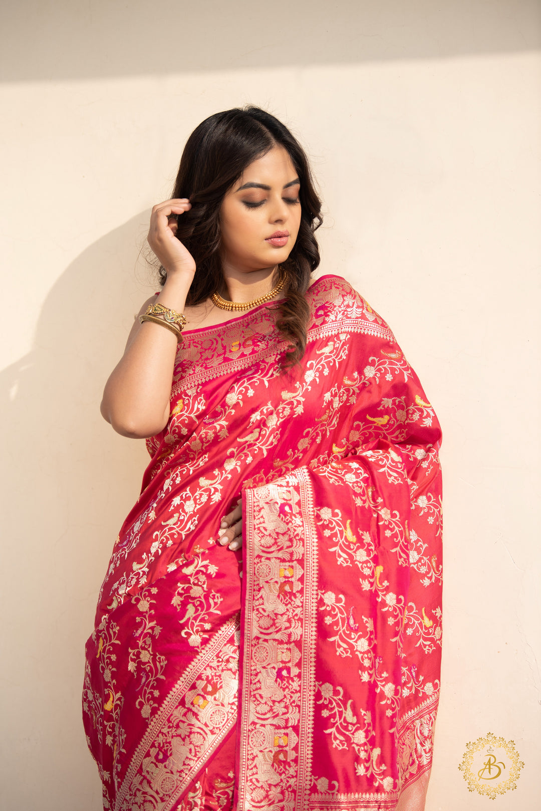 Rani Pink Jaal Pure Banarasi Handlloom Katan Silk Saree - Aura Benaras