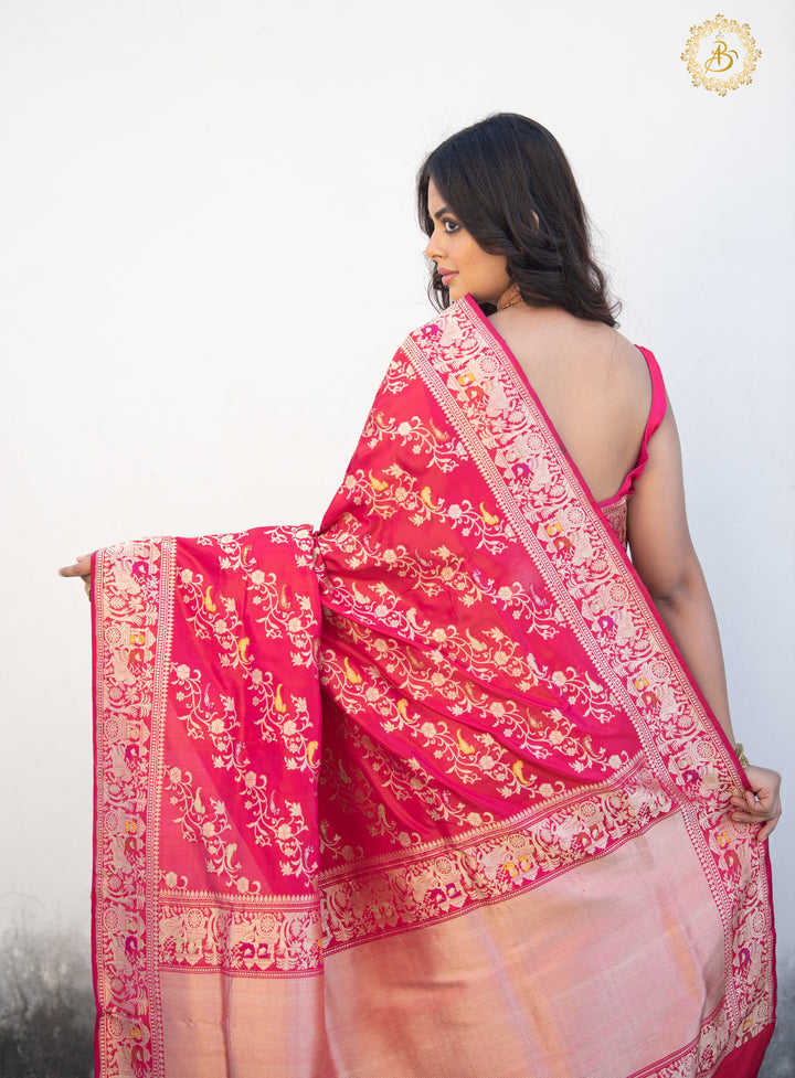 Rani Pink Jaal Pure Banarasi Handlloom Katan Silk Saree - Aura Benaras
